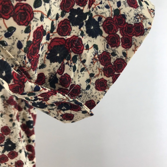 DR2 Cream Red Blue Floral Print Long Sleeve Notch Neck Blouse Size M - Picture 7 of 15